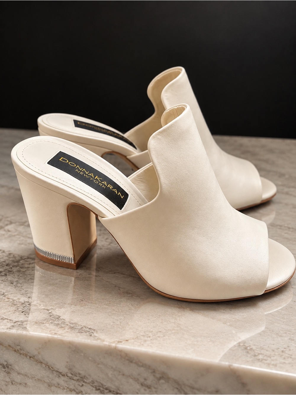 Donna Karan Pearl Ivory Peep Toe Mule Heels Silver Detail